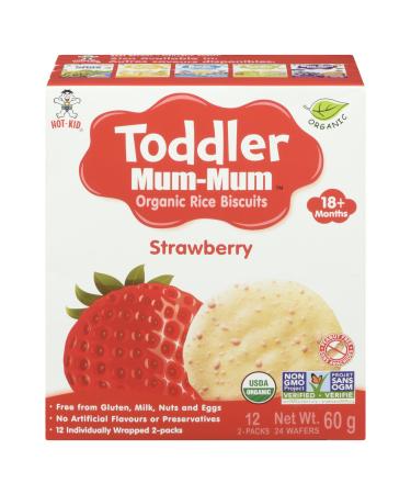 Hot-Kid Baby/Toddler Mum-Mum Rice Rusks Strawberry Gluten Free Allergen Free Non-GMO Rice Teether Cookie for Teething Infants 60gms 24 Rusks per box - Case pack of 6