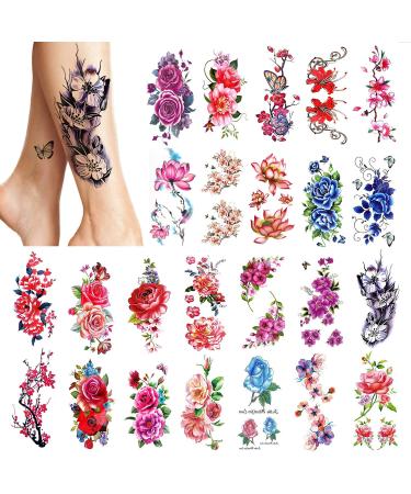 PHOGARY 24 pieces Women Temporary Tattoos (Large Flowers)  Bright Colored Fake Tattoo Stickers (Water Transfer)  Waterproof Body Art Sticker for Girls Arms Legs Shoulder Back