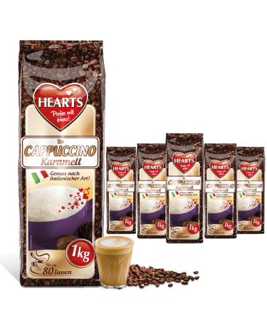Hearts Cappuccino Caramel, 5 x 1 kg instant coffee powder, easily soluble, pack of 5, approx. 400 cups