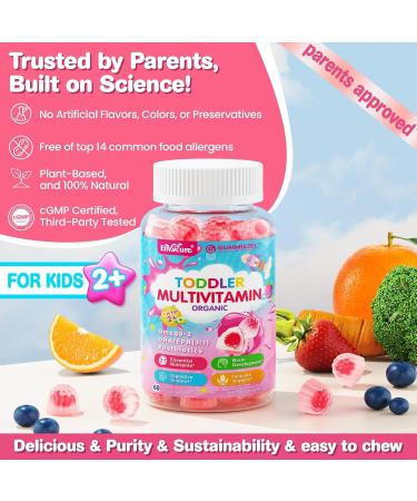 Organic Toddler Multivitamin Gummies + Omega-3 (DHA/EPA) Postbiotics | kids 2+ multivitamin | Vitamins A C D3 Methyl B12 Folate Zinc for Immune Digestive Brain Healthy Growth Sugar-Free 60Cts - Buy Online on GoSupps.com