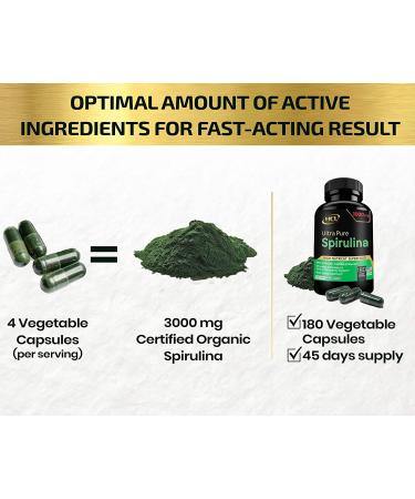 Organic Spirulina Powder Capsules 3000mg - Non-Irradiated Blue Green Algae - Vegan Protein - Green Superfood - 180 Pills Made in USA - Buy Online on GoSupps.com