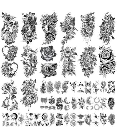 SOOVSY 49 Sheets Flower Temporary Tattoo Butterfly Half Arm Tattoos for Women Bee Crescent Fake Tattoos That Look Real and Last Long Rose 3D Tattoo Stickers Waterproof Semi Permanent Tattoo