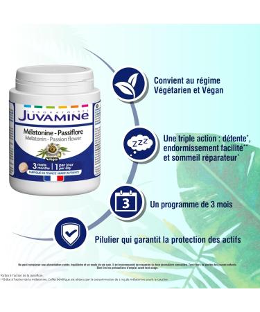 JUVAMINE - Melatonin Passionflower - Sleep - Triple Action - Relaxation - Easy Sleep - Repairing Sleep - 3 Month Program - 90 Tablets - Made in France - Buy Online on GoSupps.com