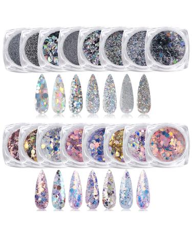 Holographic Nail Glitter Sequins,16 Box Nail Art Supplies 3D Flakes Shiny Acrylic Powder Dust Silver Nail Decoration Sparkle Manicure Tips Charms (16 Boxes Silver&Iridescent)
