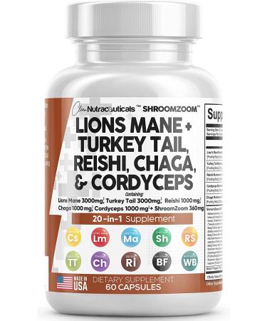 Lions Mane 3000mg 20in1 Mushroom Supplement with Turkey Tail, Reishi, Cordyceps, Chaga, Maitake, and More - Cognitive Energy Focus Pills USA - Buy Online on GoSupps.com
