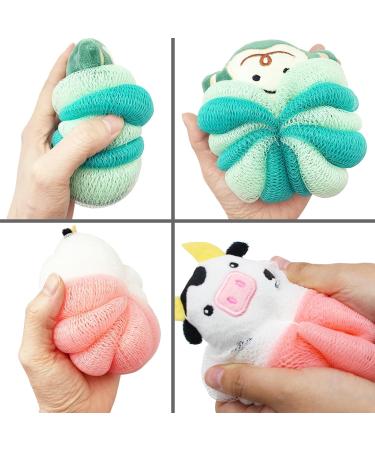 Buy BETITETO Cute Cartoon Animal Bath Sponges - 2 Pack Kids Bath Loofahs (Cow + Monkey) - Body Scrubber for Children & Women - Buy Online on GoSupps.com