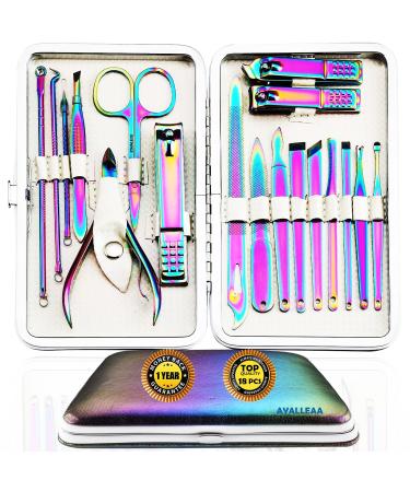 Manicure Set Nail Clippers Set Pedicure 18 Pieces Stainless Steel Manicure Kit Professional Grooming Care Tools Nose Hair Scissors Nail File.The Best Gift with Luxurious Case (Rainbow_18)