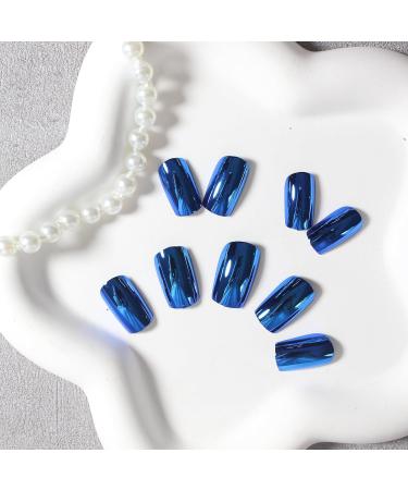 Royal Blue Chrome Square Press-On Nails - Metallic False Acrylic Nails for Women | KQueenest Short & Medium Length Glossy Stick-ons - Buy Online on GoSupps.com