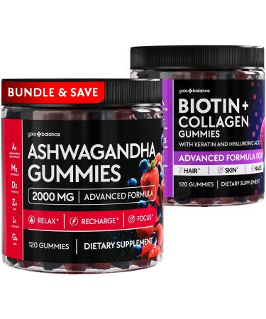 Ashwagandha Gummies 2000mg and Biotin Collagen Gummies 10000mcg Bundle for Women Men Relaxation Hair Growth Skin Nails - Sugar Free Vegan Pectin with Keratin Hyaluronic Acid Magnesium Zinc Vitamin D3