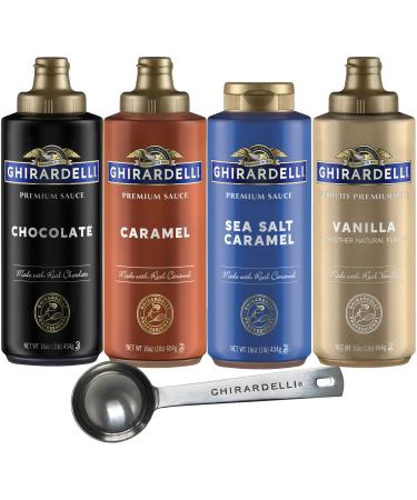 Ghirardelli - Black Label, Vanilla, Caramel, Sea Salt Caramel Flavored Sauce, 16 Ounce Bottles (Set of 4) with Ghirardelli Stamped Barista Spoon