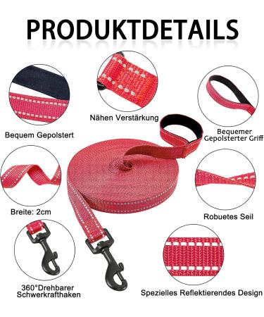 Demigreat Reflective Dog Leash - 3m/5m/10m/15m/20m | Padded Handle Hand Loop | Training Line for Small to Large Dogs - 5m/16ft Red - Buy Online on GoSupps.com