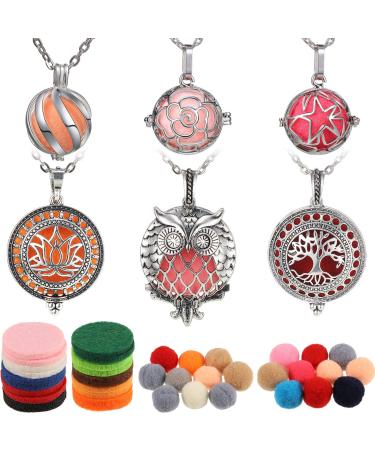 6 Pieces Diffuser Locket Necklace Classical Aromatherapy Oil Diffuser Pendant Necklace with 40 Pieces Refill Pads and Balls Stainless Steel Necklace for Women and Girls