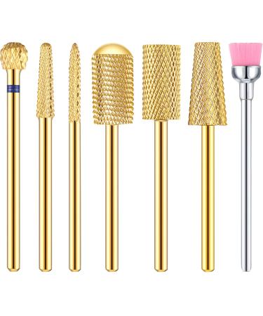 7 Pieces Nail Drill Bit Set  Tungsten Carbide Drill Bit Set  Cuticle Drill Bits Nail Bits for Nail Drill 3/32 Inch for Nail Bit Manicure Pedicure (Gold)