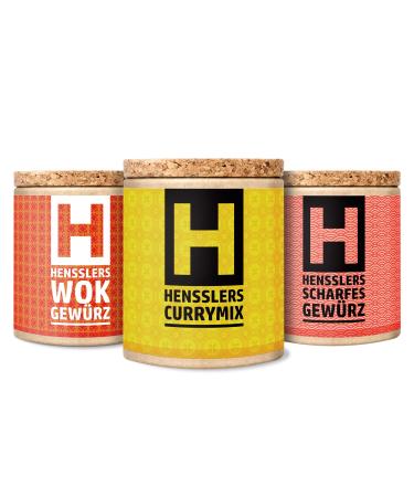Henssler's 3 Series Set Curry-Mix Wok-Spice & Sharp Spice-Curry Powder Madras Art WOK spice mixture & chilli and pepper spice 3 x 80 g