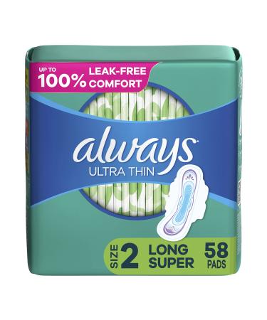 Always Ultra Thin Feminine Pads For Women, Size 2 Long Super Absorbency, With Wings, Unscented, 58 Count - Buy Online on GoSupps.com