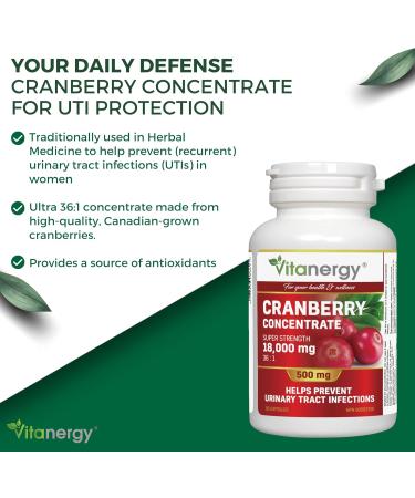 Vitanergy Ultra Strength Cranberry Concentrate Urinary Tract Health & UTI Support Source of Antioxidant Support Ultra 18:1 Extract Rate 90 Capsules Proudly Made in Canada - Buy Online on GoSupps.com