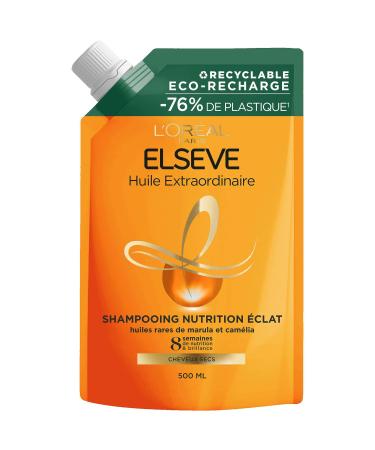 L'Or al Paris Elseve Huile Extraordinaire Nourishing Shine Shampoo Enriched with 6 Rare Flower Oils for Dry Hair Nourishes and Softens Hair Eco-pack Refill 500ml