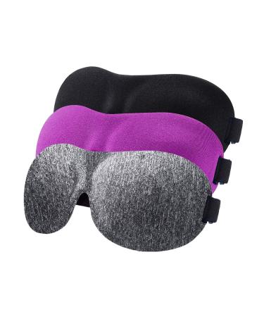 YIVIEW Sleep Mask Pack of 3, Lightweight & Comfortable Super Soft Adjustable 3D Contoured Eye Masks for Sleeping, Travel, Shift Work, Naps, Night Blindfold Eyeshade for Men Women, Black/Purple/Gray Black & Gray & Purple