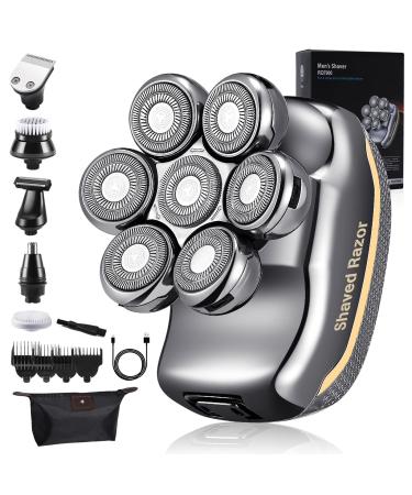Men's Electric Head Shaver Razor - Rechargeable Cordless Hair Shaving Razors for Bald Man 6 in 1 Waterproof Wet Dry Beard Trimmer Body Hair Cutting Clipper Grooming Kit 7 Rotary Heads (Gray)