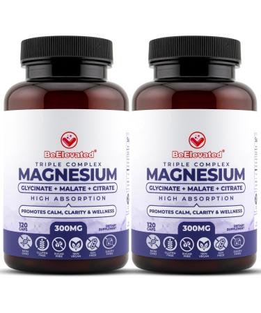 BeElevated Triple Magnesium Complex Supplement 300mg Fast-Acting Magnesium Glycinate and Citrate Combo with Malate for Relaxation Sleep & Well-Being Natural Vegan Non-GMO 120 Capsules (2 Pack)
