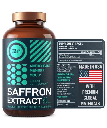 Saffron Extract Mood Support Supplement - Wild Fuel Antioxidant, Eye Health Support, Mood Booster, Energy Supplements - 0.3% Safranal 88.5mg Saffron Supplements - 60 Vegan Saffron Capsules