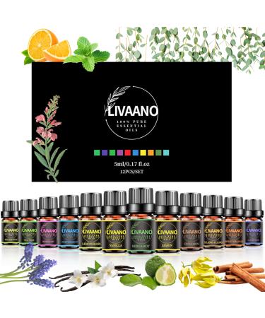 LIVAANO 100% Natural & Pure Essential Oils for Diffusers 12 Aromatherapy Oils Diffuser Oils Humidifier Lavender Eucalyptus Peppermint Tea Tree... 12 Essential oils