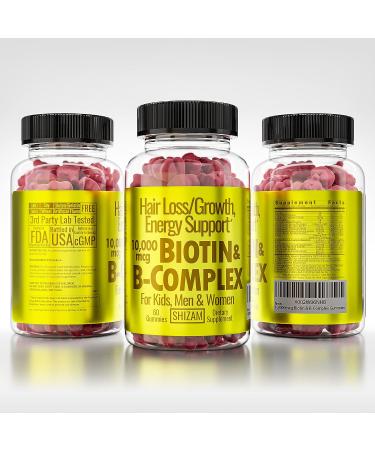 SHIZAM B-Complex 10000mcg Biotin Gummies for Hair Growth & Energy Boost - Kids Men Women | Vitamin B12 B9 B7 B6 B5 E D A Zinc & Iodine Supplement - Buy Online on GoSupps.com