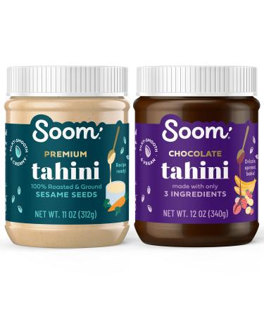 Soom Foods Pure Ground Sesame Tahini Paste Two Flavor Sampler: (1) Single-Source Sesame Tahini 11oz and (1) Chocolate Tahini Halva Spread Tahini 12oz | Silky Smooth Texture in Hummus, Dips, Dressings, Baked Goods | Vegan,