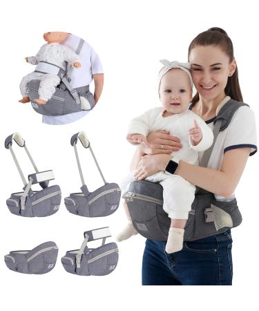 Baby Hip Seat Carrier,Baby Carrier for Newborn to Toddler,Ergonomic Infant Carrier with Waist Stool for 8-45lb, 0-36 Months, Adjustable Shoulder Strap&Safty Belt, 5 Storage Pockets, Gray