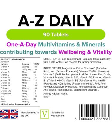 Lindens Multivitamin A-Z Daily Tablets - 90 Pack UK Made Perfect Vitamin & Mineral Balance of Vitamin A C D E B1 B2 B3 B6 B12 Folic Acid Magnesium Iron Zinc & Iodine - Letterbox Friendly 90 count (Pack of 1) - Buy Online on GoSupps.com