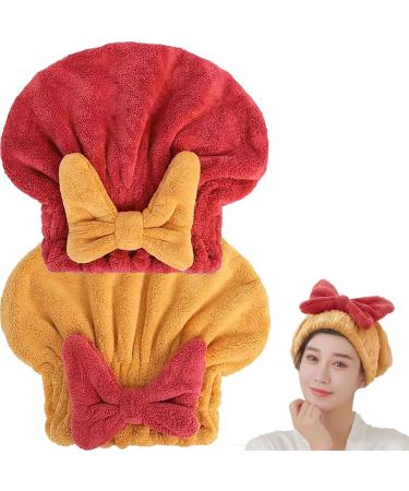 New Super Absorbent Hair Towel Wrap for Wet Hair Microfiber Bow Tie Hair Towel Wrap Wet Hair Towel Wrap for Women (Orange+Red)