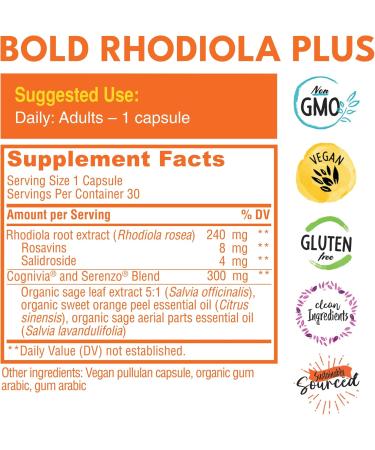Bold Rhodiola Plus- Siberian Rhodiola Rosea Extract- 3% Rosavins 1% Salidroside- Adaptogen Supplement for Stress Memory Focus & Energy Support- 30 Vegan Capsules - Buy Online on GoSupps.com