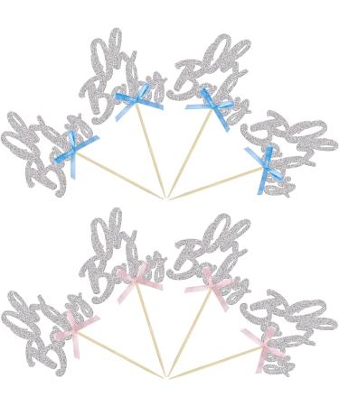 24Pcs Oh Baby Cupcake Toppers Glitter Baby Shower Cupcake Picks with Pink Blue Bow for Gender Reveal Baby Shower Kids Boys Girls Birthday Party Cake Decorations Supplies Rose Gold Silver Bow - Buy Online on GoSupps.com