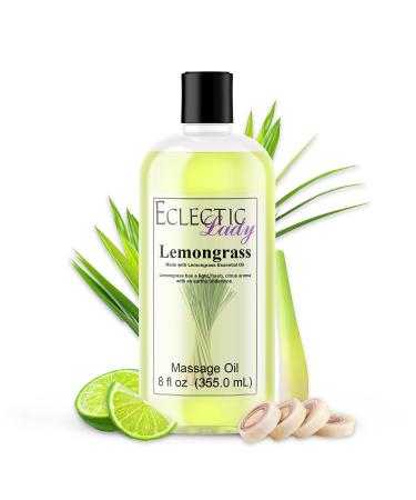 All Natural Lemongrass Massage Oil - Eclectic Lady 8 oz. 100% Natural Ingredients with Sweet Almond & Jojoba Oil Relaxing Scent for Men & Women 8 Ounce