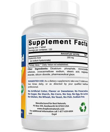 Best Naturals Hyaluronic Acid 200mg 120 Tablets - Non-GMO Gluten Free Formula for Youthful Skin & Joints - Buy Online on GoSupps.com