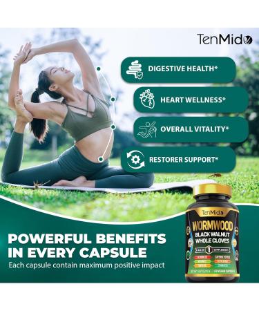 Tenmido Wormwood Capsules Supplement for Men and Women 10in1 Formula with Black Walnut Whole Cloves Turmeric Cayenne Pepper & More - Digestive Immune Support - Nutrient Rich - 150 Capsules - Buy Online on GoSupps.com