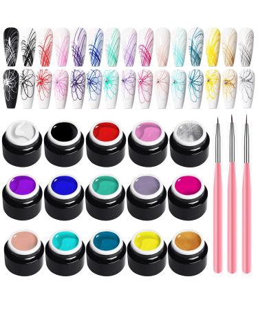 COOSA 15 Colors Spider Gel Art Nail Kit with Brush Nail Art Wire Drawing Gel for Line Pulling Line Silk Drawing Nail Decoration 1.15 Colors - Classic Set 1