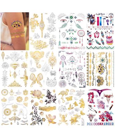 Konsait 150pcs Metallic Temporary Tattoos For Women Girls  Gold Sliver Glitter Design Fake Tattoo  Jewelry Tribal totem Butterfly Flower Feather Waterproof Tattoo Face Hand Arm Party Decoration Tattoo