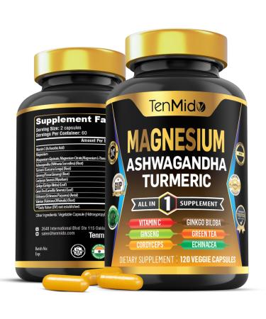 Tenmido Magnesium Supplement -120 Capsules for 2 Months Supply - with Vitamin C Ashwagandha Turmeric Panax Ginseng & More