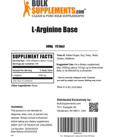 L-Arginine Base Powder 500g - Nitric Oxide Booster Supplement - BulkSupplements.com - Buy Online on GoSupps.com