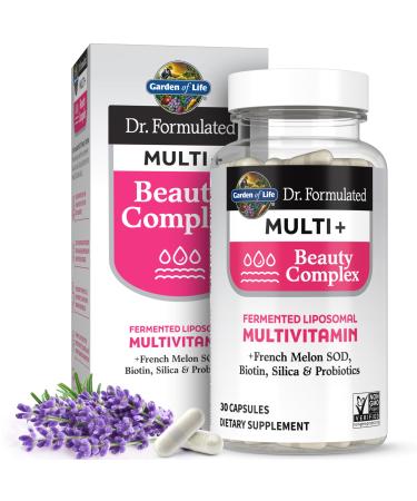 Garden of Life Dr Formulated Multi+ Beauty Complex Fermented Liposomal Multivitamin Plus Hair Skin and Nails Vitamins French Melon SOD Biotin & Probiotics 30 Capsules Supplement for Women & Men