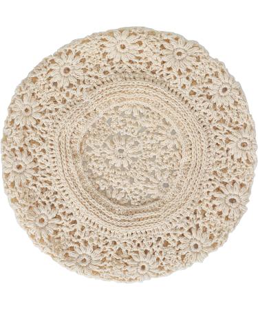 ZLYC Handmade Cotton Slouchy Crochet Beret with Cutout Floral Design - Plain Beige Women's Beanie Hat - Buy Online on GoSupps.com