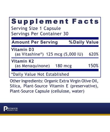 Premier Research Labs Vitamin D3+K2 - 30 Plant-Source Capsules for Bone & Heart Health - Vegan & Gluten-Free - Buy Online on GoSupps.com