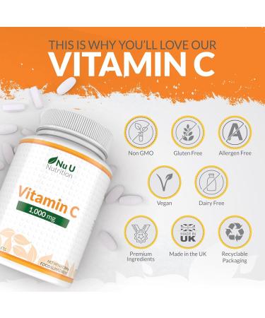 Vitamin C 1000mg - 180 Vegan Tablets - 6 Month Supply - High Strength Ascorbic Acid - Supports Immune System Energy & Collagen Formation - Nu U Nutrition - Buy Online on GoSupps.com