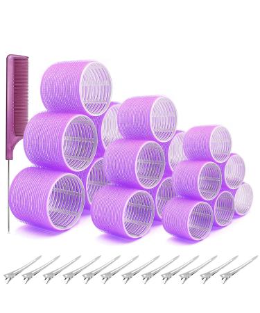 WOODFIB 31 PCS Hair Rollers Set 18 Pcs Self Grip Hair Rollers Include 64mm 44mm 36mm 12 Clips 1 Combs for Long Medium Short Hair DIY Hair Styling Salon Hairdressing Rollers Tools (Purple)