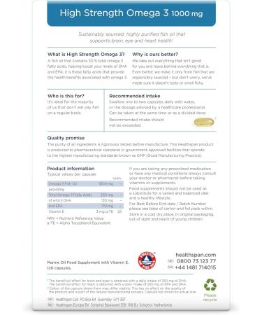 Healthspan High Strength Omega 3 1000mg Capsules | Brain, Eye & Heart Health Support | 120mg DHA & 170mg EPA | Toxin-Free & Sustainably Sourced | 120 Count - Buy Online on GoSupps.com