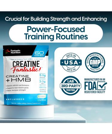 Fantastic Nutrition Creatine Fantastic - 5g of CreaPure German Creatine with 3g of myHMB for Increased: Lean Muscle Strength Energy & Athletic Performance Speeds Recovery - 60 Servings Unflavored - Buy Online on GoSupps.com
