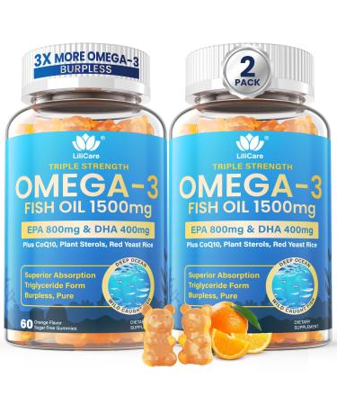 Fish Oil Omega 3 Gummies 1500mg for Adults - Triple Strength with EPA & DHA COQ10 Red Yeast Rice - Wild Caught Omega 3 Fatty Acids Supplements for H ar-t & Brain - Sugar Free Burpless 120 Count 60 Count (Pack of 2)