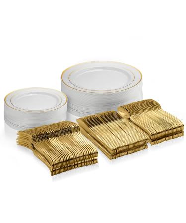 125 Piece Gold Dinnerware Party Set - 50 Gold Rim Plastic Plates, 25 Dinner 25 Dessert Plates, 75 Gold Silverware, 25 Knives, 25 Forks, 25 Spoons - 25 Guest Disposable Set for Wedding Birthday Parties