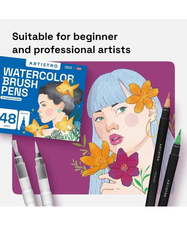 ARTISTRO Watercolor Brush Pens Set - 48 Vibrant Colors + 2 Water Brushes | Real Brush Tips for Artists, Adults, Illustrations, Calligraphy & Watercolor Effects - Buy Online on GoSupps.com